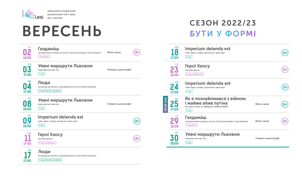 Зображення до новини РЕПЕРТУАР НА ВЕРЕСЕНЬ