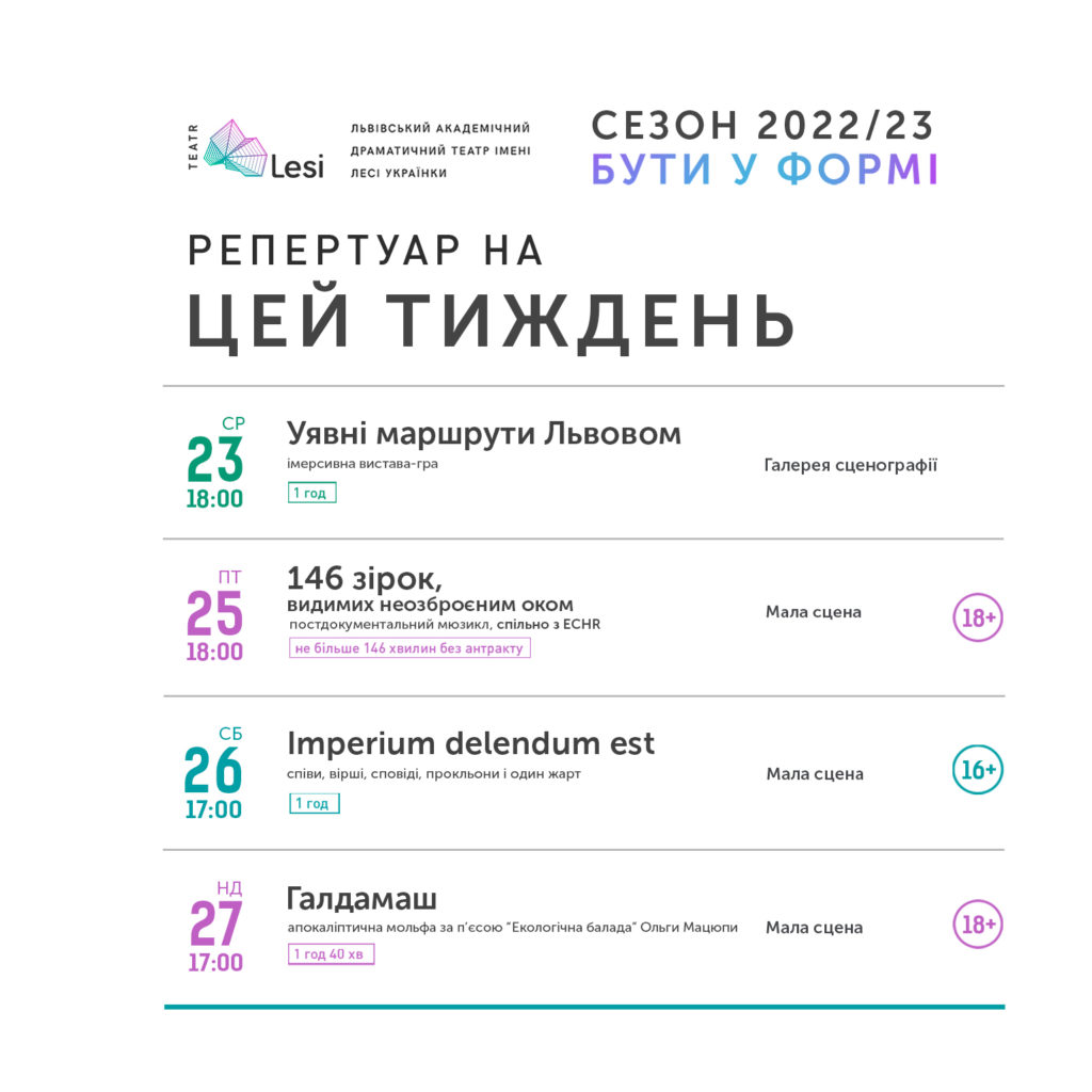 Зображення до новини Репертуар театру Лесі — 21.11-27.11