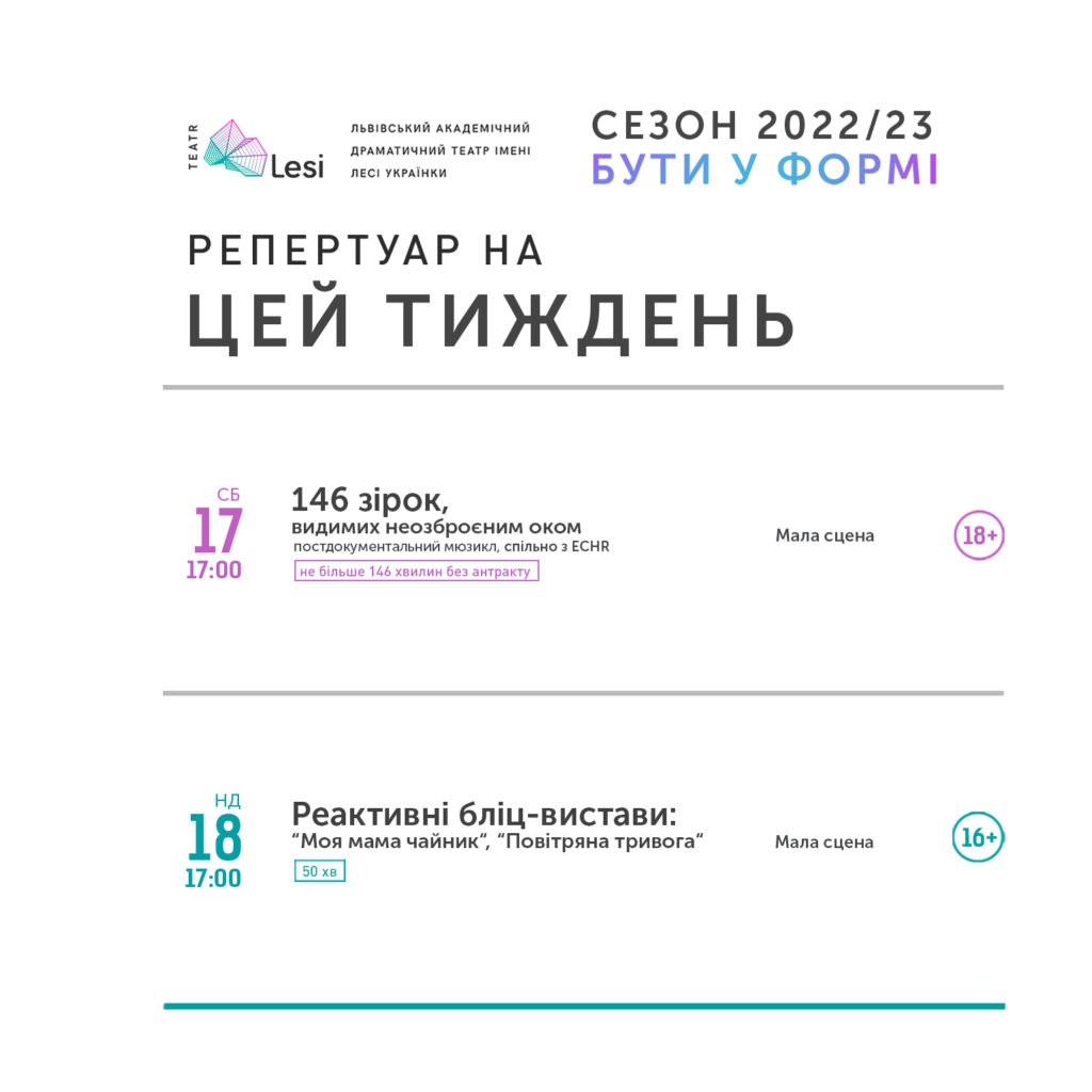Зображення до новини Репертуар театру Лесі — 12.12-18.12