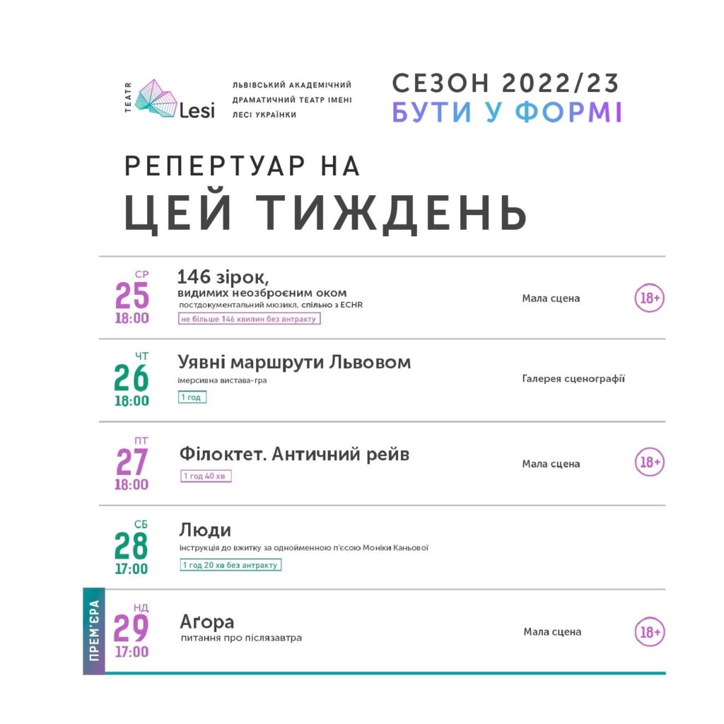 Зображення до новини Репертуар театру Лесі — 23-29.01.2023