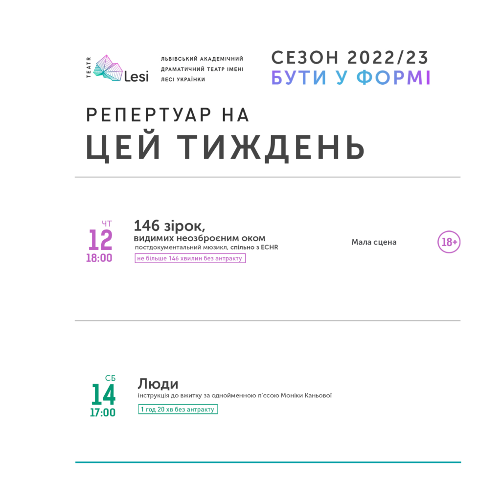 Зображення до новини Репертуар театру Лесі — 09-15.01.2023