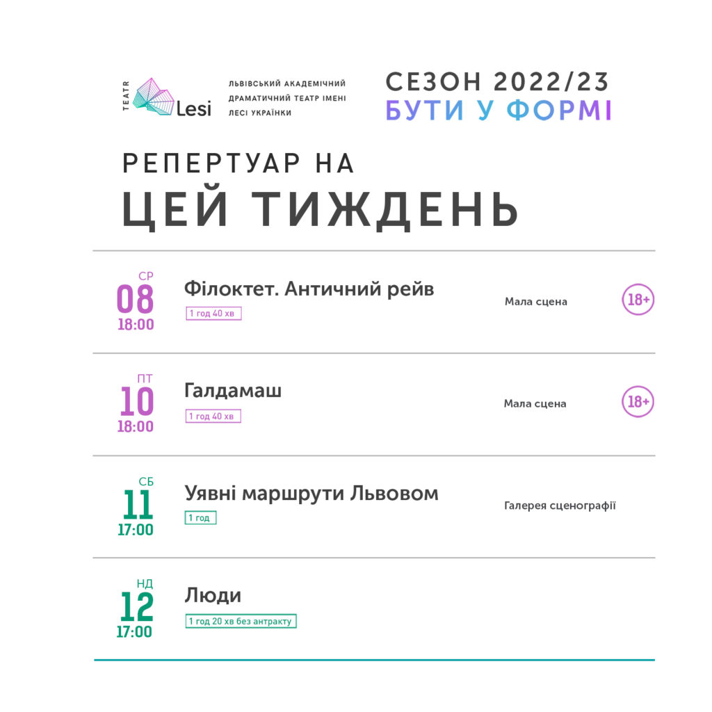 Зображення до новини Репертуар театру Лесі — 06.02-12.02.2023