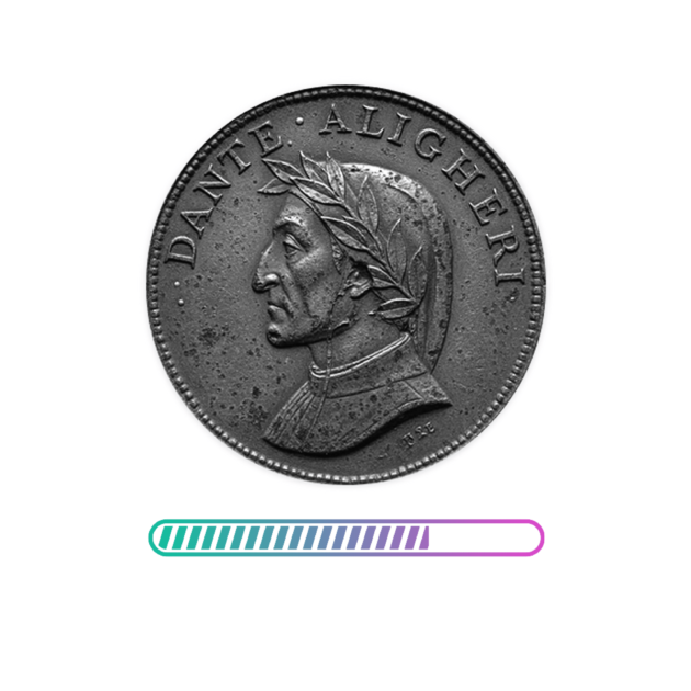 Афіша до вистави "Божественна комедія" у театрі Лесі Українки у Львові. На білому тлі розташований напис великими чорними літерами “Божественна комедія” У верхньому лівому куті позначка “18+”. Справа зображена сіра монета з профілем Данте Аліґ’єрі у лавровому вінку. Унизу — довга кольорова смуга-індикатор заповнення. Цей індикатор майже повний.